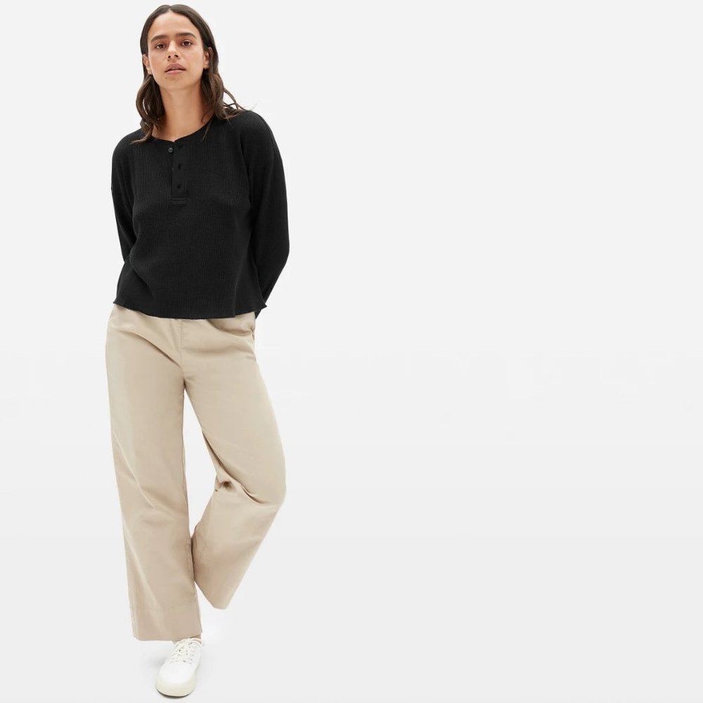 Everlane Women's Cotton Waffle Henley Thermal Tee Washed Black - Picture 3 of 6